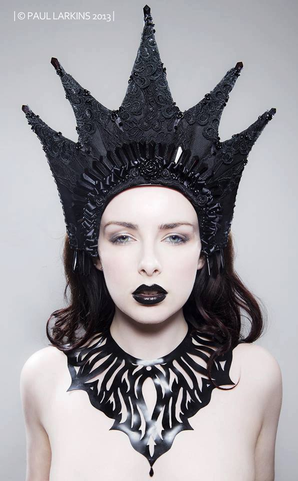Faux leather and lace black kokoshnik headdress, adorned with roses and crystals.